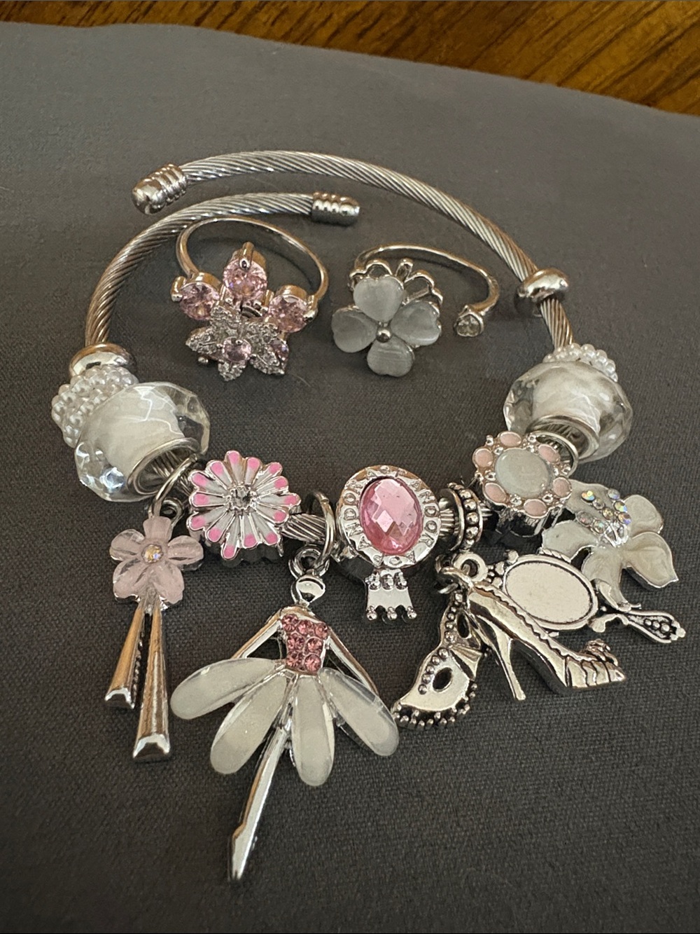 Silver and Pink Floral Charm Bracelet and 2 Rings Set